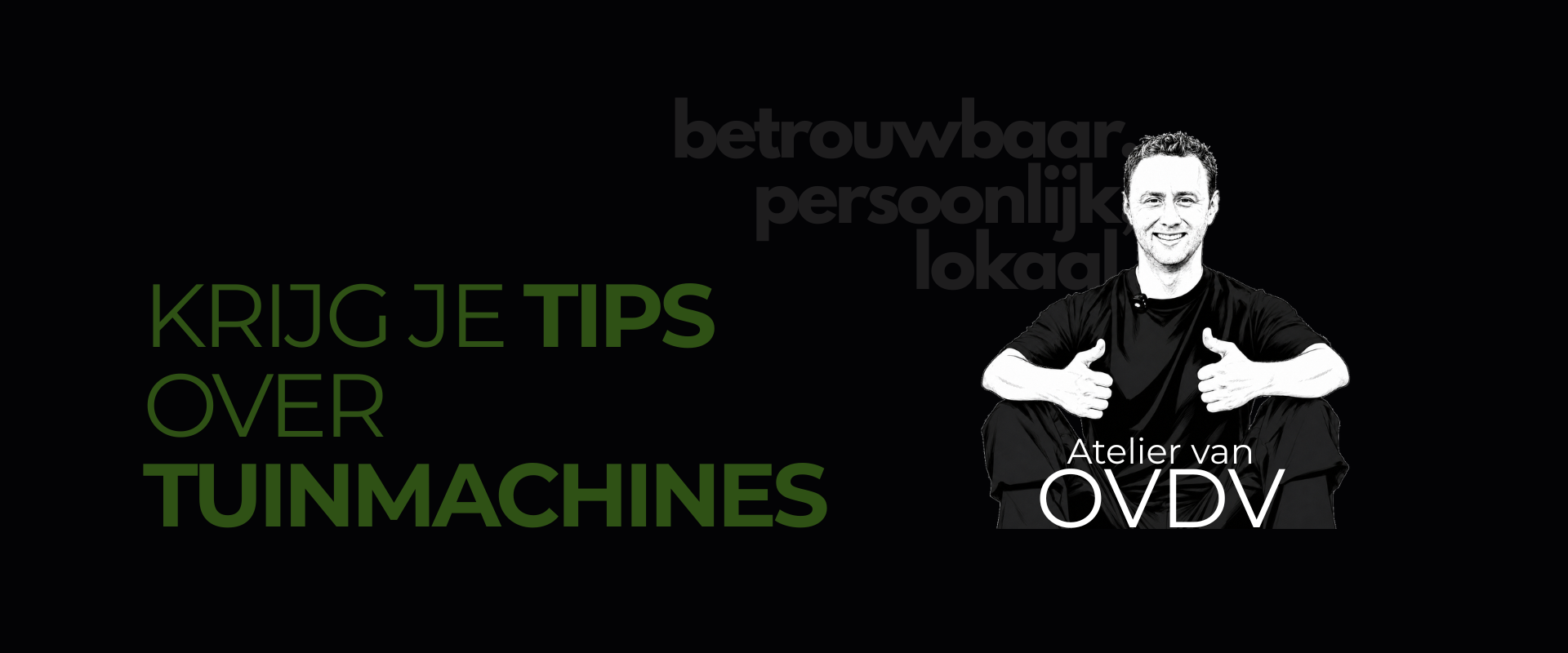 A promotional graphic with the text 'TUINMACHINES INSIGHTS' on the left and a black-and-white photo of a smiling man giving a thumbs-up on the right, with additional faint Dutch text behind him.