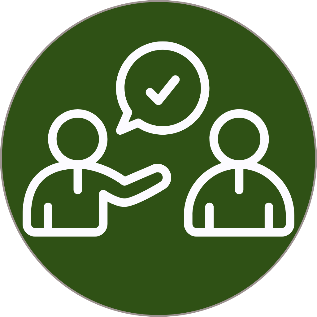 Two people with a speech bubble containing a check mark on a green background