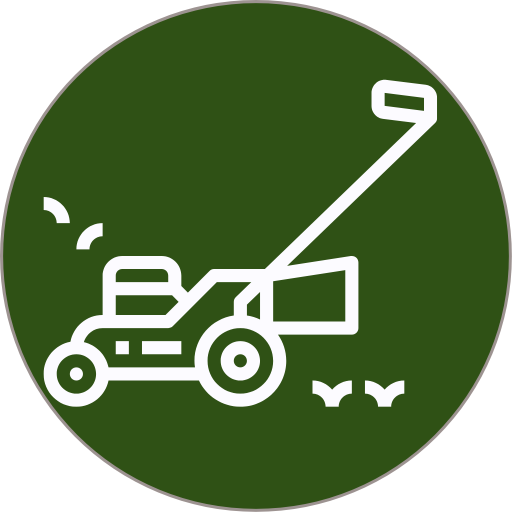 White icon of a lawn mower on a green background