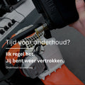 Person using a power tool with text about maintenance on a dark background