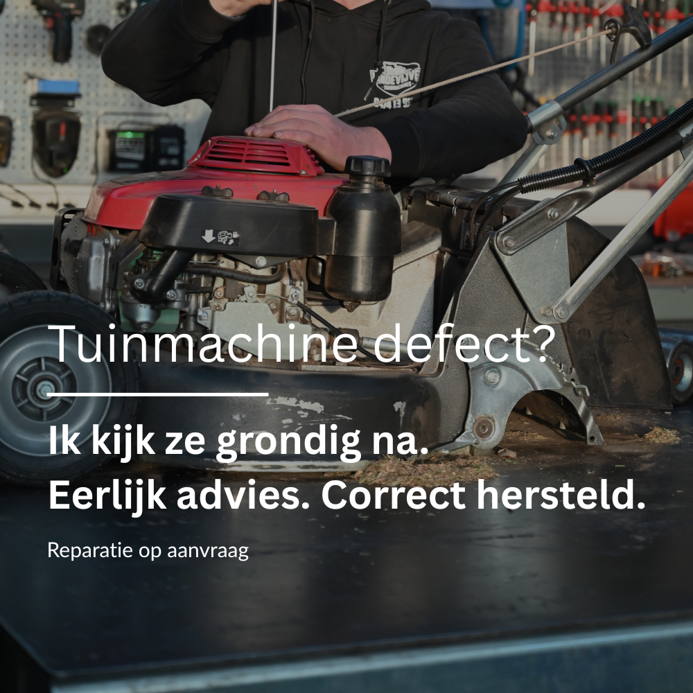 Person working on a lawn mower with text about repair services in Dutch.