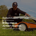 Man operating a lawn mower with text about robot lawn mowing service