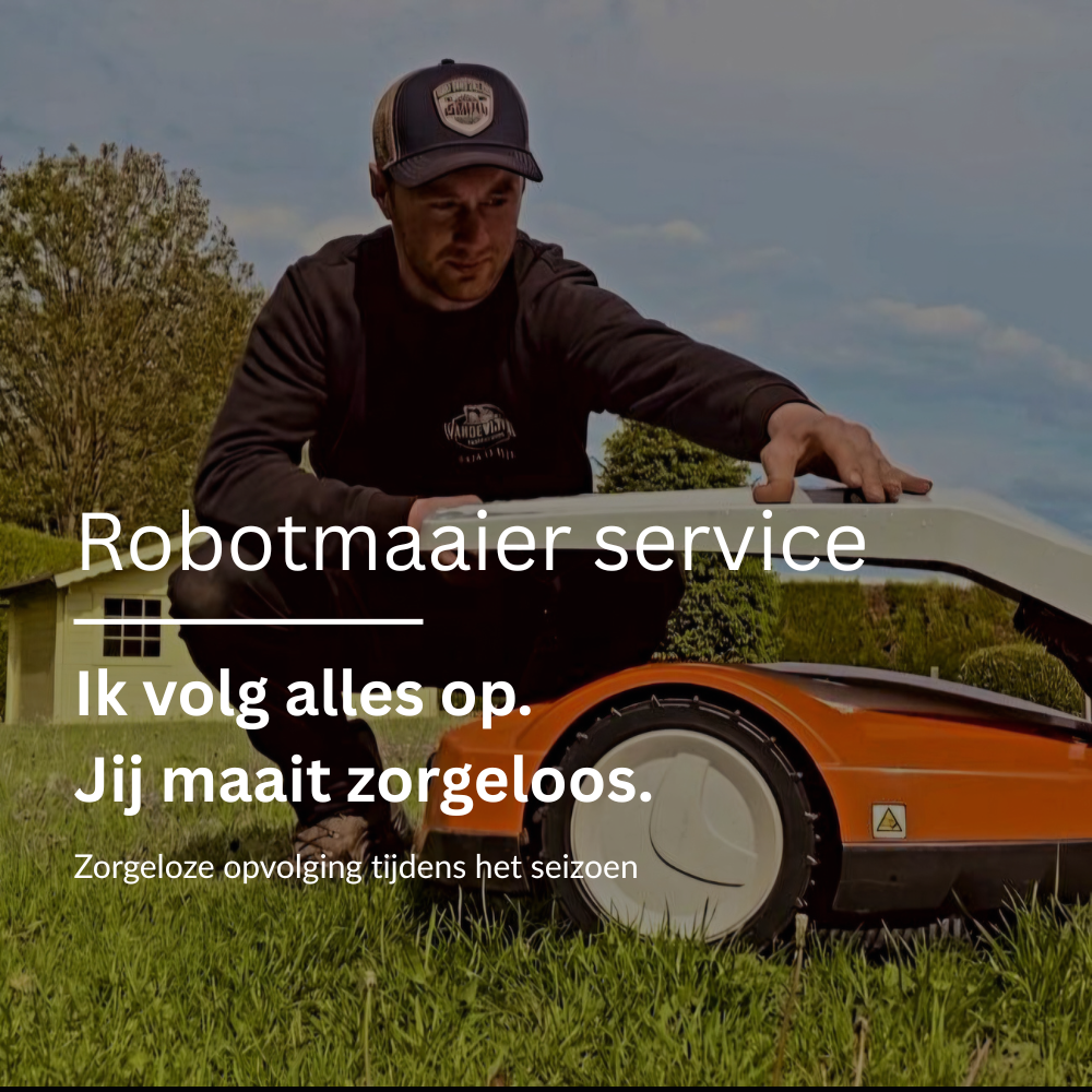 Man operating a lawn mower with text about robot lawn mowing service