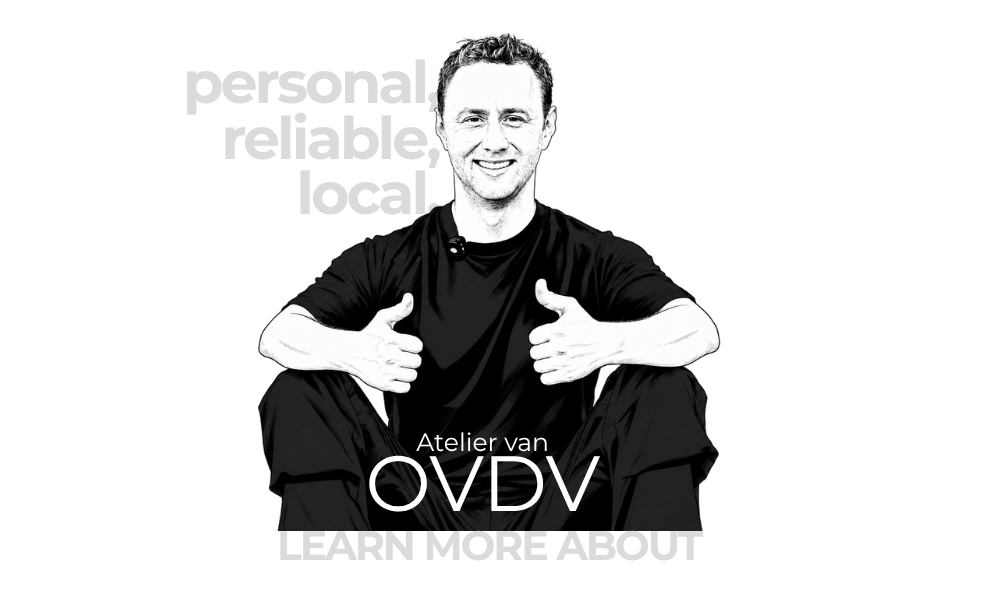 A black and white graphic illustration of a man sitting cross-legged with his hands together, wearing a black t-shirt and dark pants. The text 'personal, reliable, local' is written above him, and 'Atelier van OVDV LEARN MORE ABOUT' is written below on a plain white background.