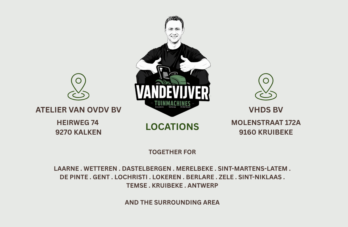 A promotional graphic for VandeVijver Tumblechairs showing a black-and-white photo of a man giving a thumbs-up above the brand name and logo, with location icons and text for two addresses on a light gray background.
