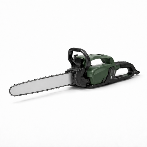 Green chainsaw with guide bar and chain on a white background