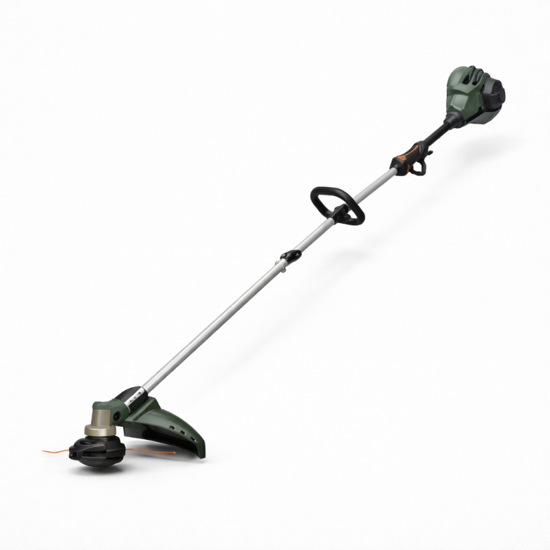 Green grass trimmer with long shaft and cutting head on a white background