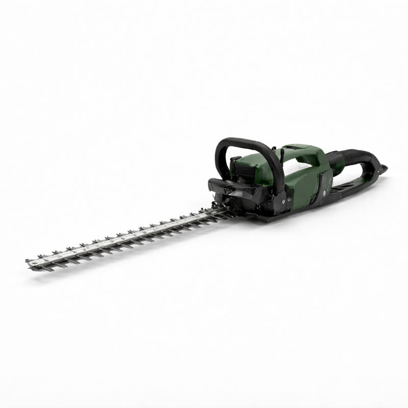Green hedge trimmer with long cutting blade on a white background