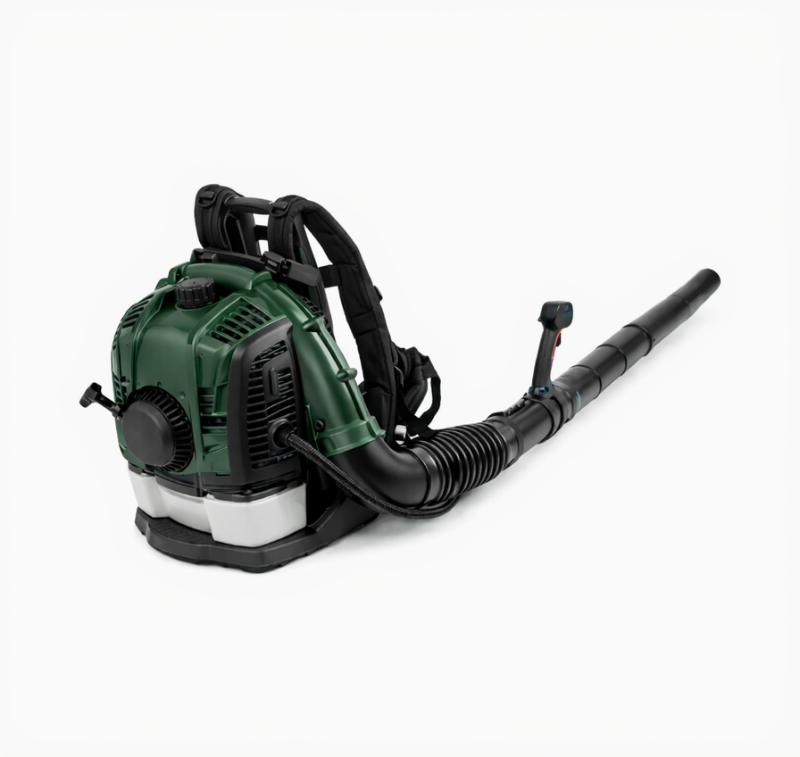 Green backpack leaf blower with hose and nozzle on a white background