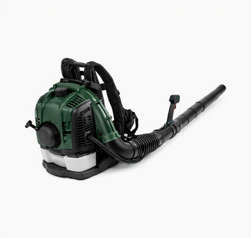 Green backpack leaf blower with hose and nozzle on a white background