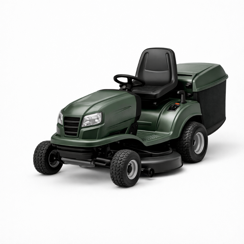 Green ride-on lawn mower with seat and steering wheel on a white background