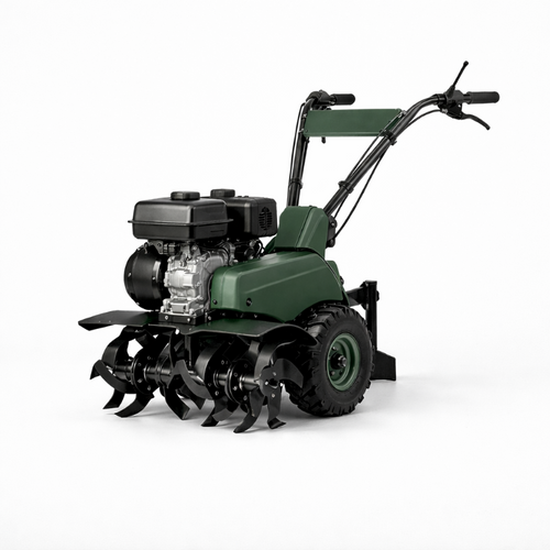 Green rotary tiller with engine and rotating tines on a white background